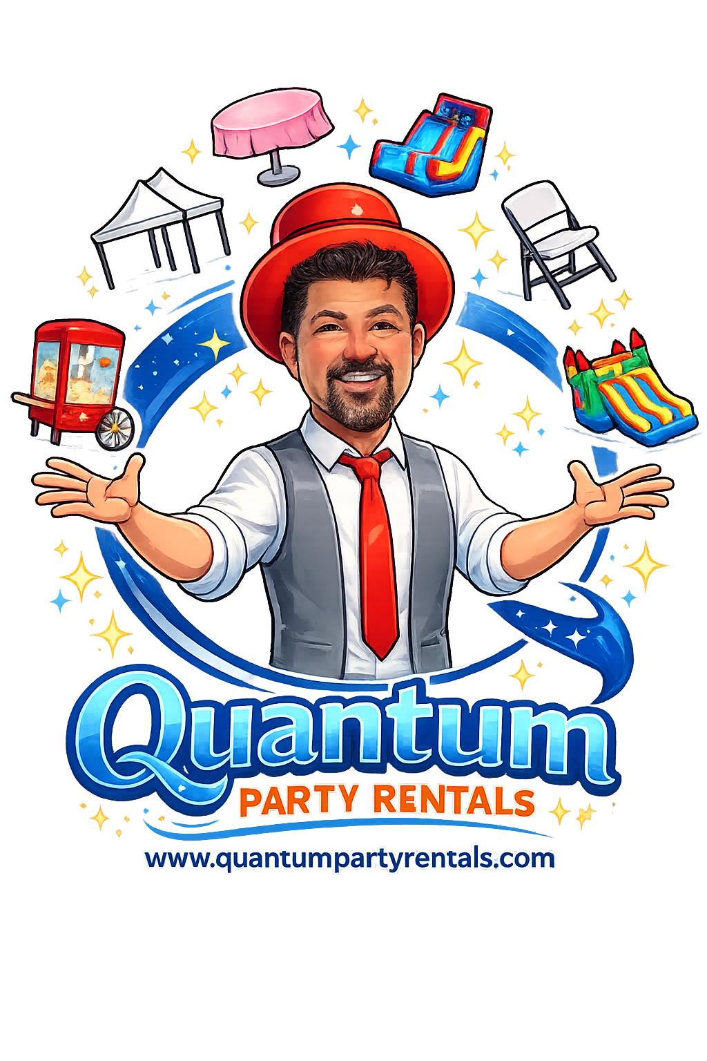 Quantum Party Rentals mascot with inflatables and party equipment